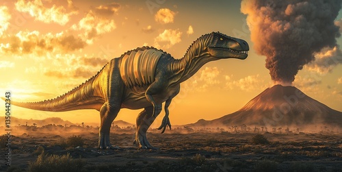 Fototapeta Naklejka Na Ścianę i Meble -  Majestic Hesperosaurus standing proudly open field back plates illuminated the morning sun Distant volcanoes send plumes of smoke into the sky framing the prehistoric landscape with an ancient mystery