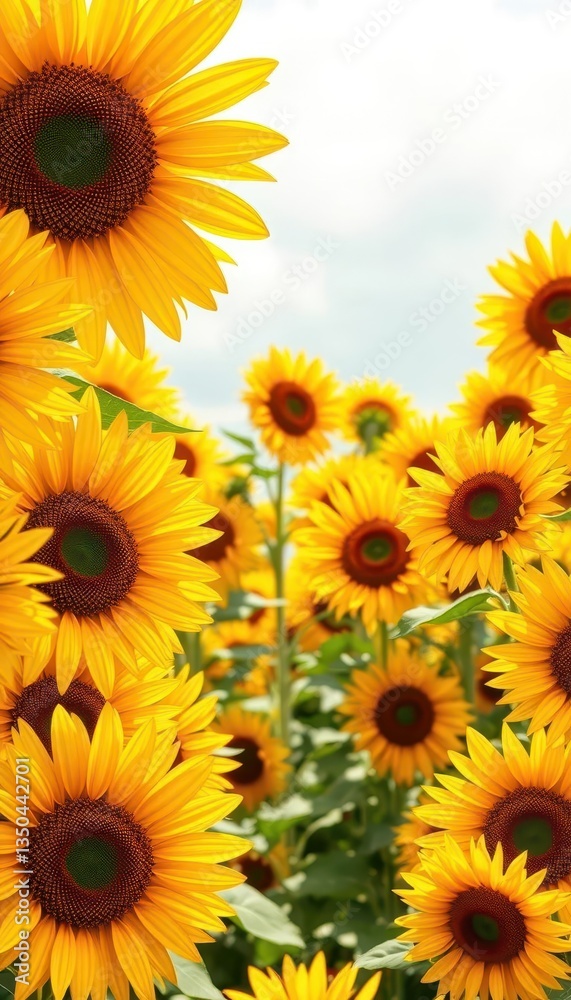 Fototapeta premium Vibrant yellow sunflowers fill the frame, creating a sunny, cheerful background, landscape, sunflowers, light