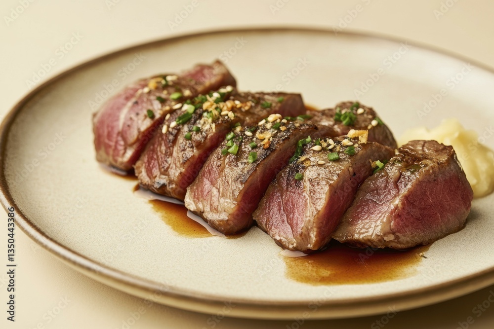 Seared Wagyu Beef Tenderloin Slices with Soy Glaze and Ginger Puree on Beige Plate - Gourmet Food Presentation Seared Wagyu Beef Tenderloin Slices with Soy Glaze and Ginger Puree on Beige Plate - Gourmet Food Presentation