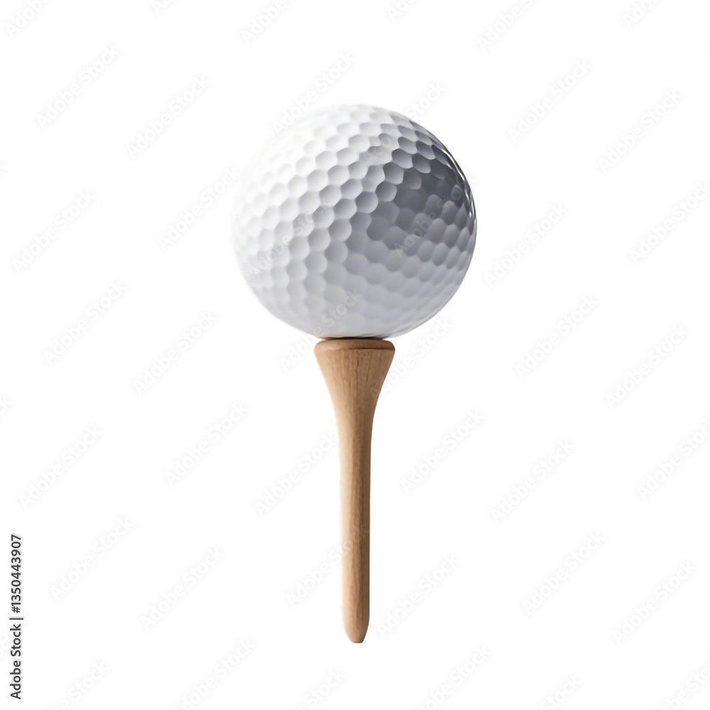 A white golf ball sits atop a light brown wooden golf tee on a white or transparent background. A white golf ball sits atop a light brown wooden golf tee on a white or transparent background.