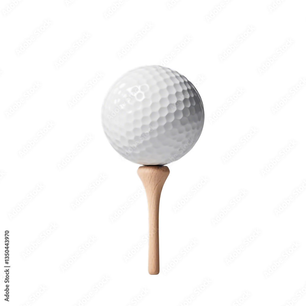 A white golf ball sits atop a light brown wooden golf tee on a white or transparent background. A white golf ball sits atop a light brown wooden golf tee on a white or transparent background.