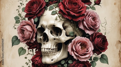 A detailed, vintage-inspired illustration of a human skull surrounded by large, blooming roses in deep red, burgundy, and dusty pink tones. The skull has fine linework, resembling an old botanical