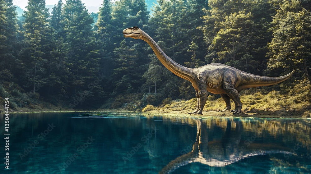Fototapeta premium Majestic Leonerasaurus standing near a crystal clear lake its long neck stretching toward the treetops The reflection of the dinosaur shimmers on the waters surface adding to the serene setting