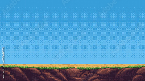 8-bit pixel art game level background. side scrolling game. blue sky. simple game map template. 2D retro video game style. pixelated vector graphics.