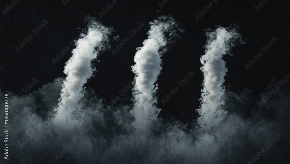 Close-up of three smokestacks emitting white clouds against a dark background, representing air pollution. Close-up of three smokestacks emitting white clouds against a dark background, representing air pollution.