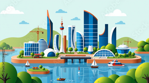 Metropolis River View with Boats and High-rises