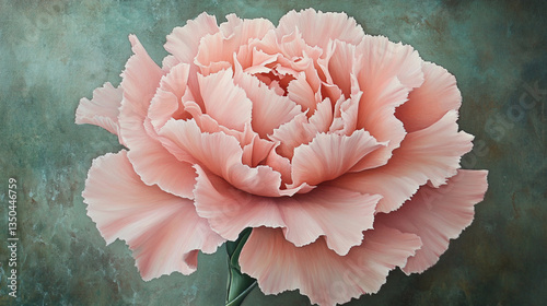 Beautiful pink carnation flower blooming against a textured teal background, showcasing intricate petals