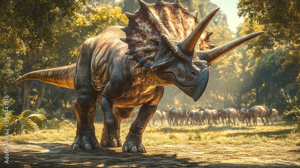 Fototapeta premium Majestic Triceratops standing ground sunlit meadow three horn glistening under warm light rugged frill adorned scar powerful leg tensed prepared challenge Behind herd graz peacefully distant predator