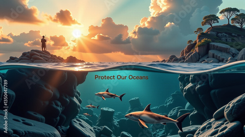 Man and Dolphins in the Ocean