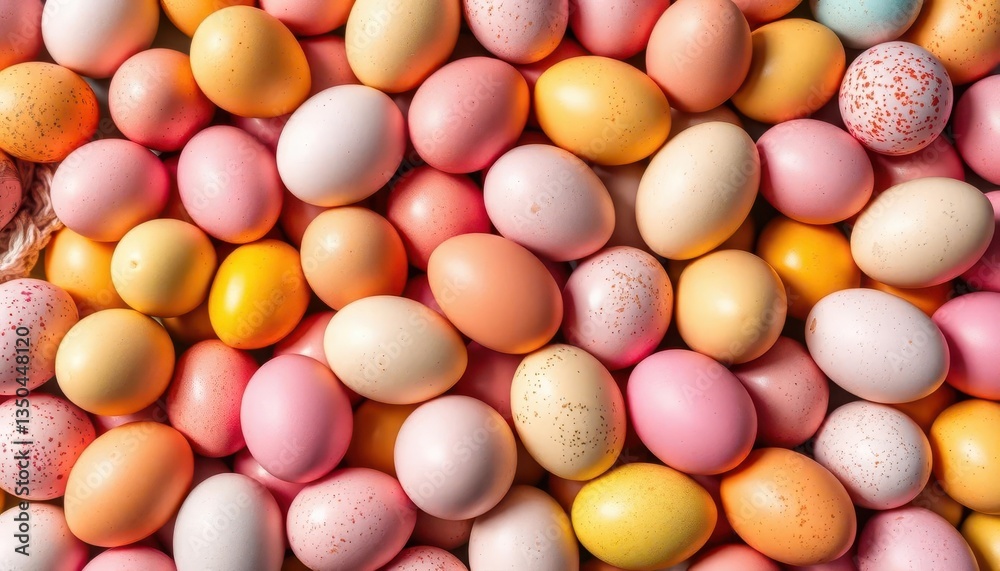 A vibrant mound of pastel-colored Easter eggs, some speckled, others solid, food, pastel A vibrant mound of pastel-colored Easter eggs, some speckled, others solid, food, pastel