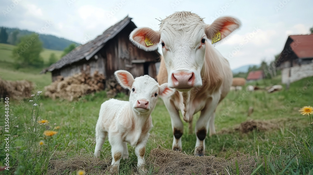 Cow farm, A calf peacefully drinking milk from its mother in a serene setting. Cow farm, A calf peacefully drinking milk from its mother in a serene setting.