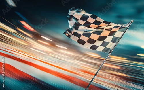 Excitement of Motorsport Racing, Waving Checkered Flag at High Speed