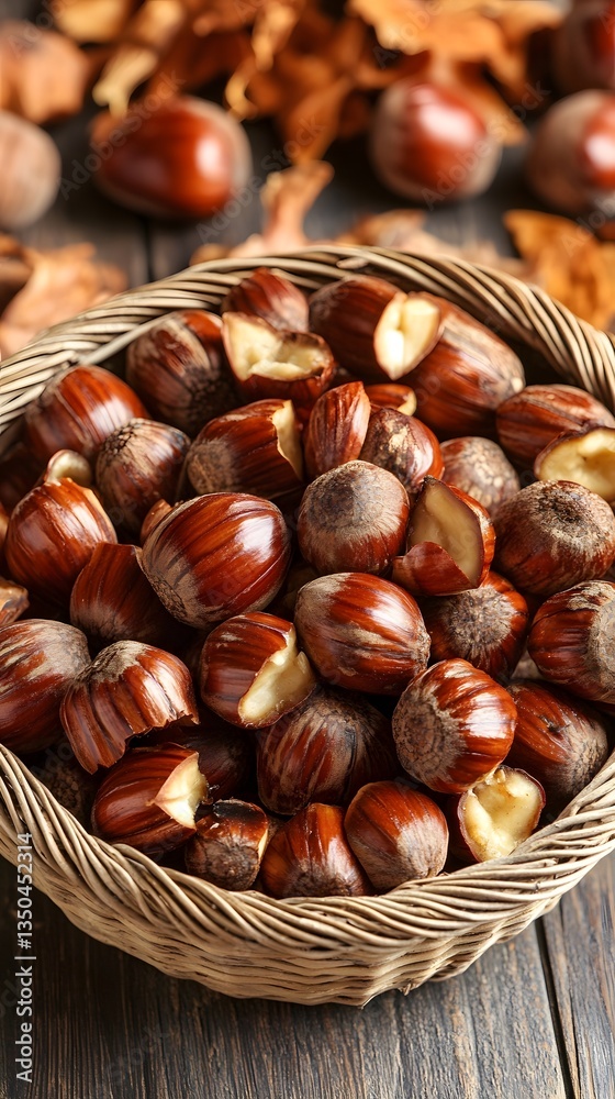 Roasted Chestnuts in Wicker Basket Autumn Harvest Roasted Chestnuts in Wicker Basket Autumn Harvest