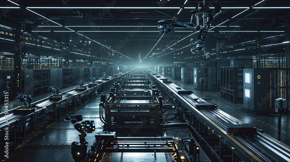 Automated robotic arms assembling vehicles on cutting-edge production line, futuristic car factory, illuminated by vibrant neon lights in a sleek, dark environment. Issue of human jobs being replaced