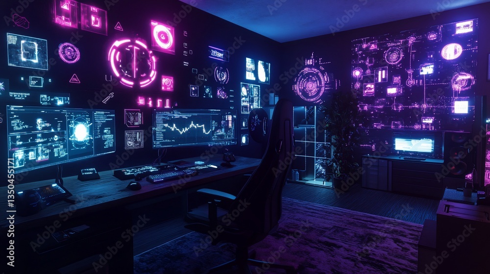 Obraz premium A futuristic workspace with multiple glowing screens displaying data and charts, a modern desk and a comfortable chair