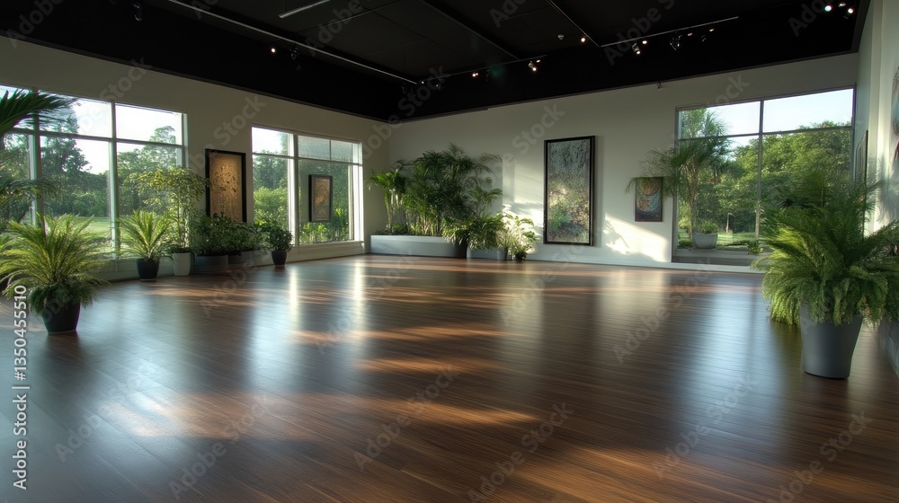 Modern gallery space with expansive windows, featuring lush greenery and artwork Modern gallery space with expansive windows, featuring lush greenery and artwork