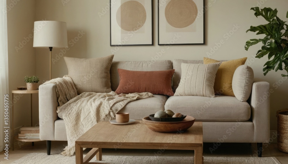 Fototapeta premium Neutral-toned living room corner with layered textiles, a cushioned sofa. 5