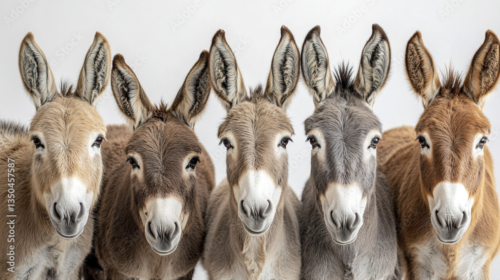 Five donkeys with curious expressions stand together