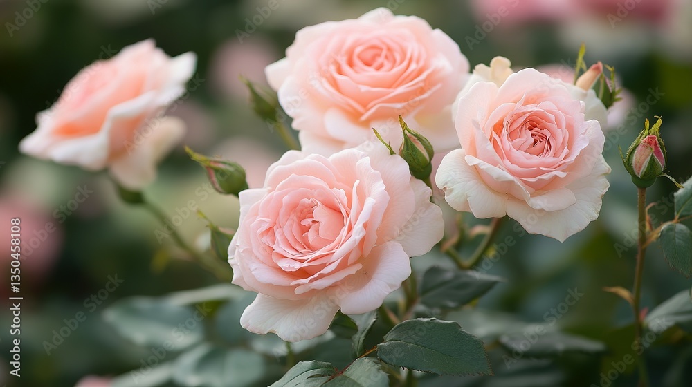 Several pink roses are blooming in a natural outdoor setting Several pink roses are blooming in a natural outdoor setting