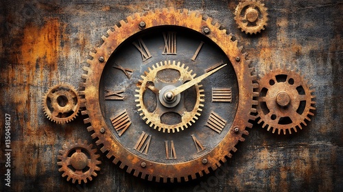 Rusty clock gears with time mechanism.