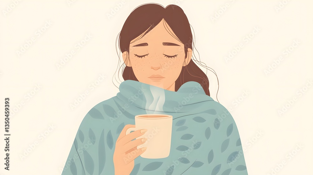 Professional Woman with Fever Drinking Hot Drink for Cold Symptoms Relief Professional Woman with Fever Drinking Hot Drink for Cold Symptoms Relief