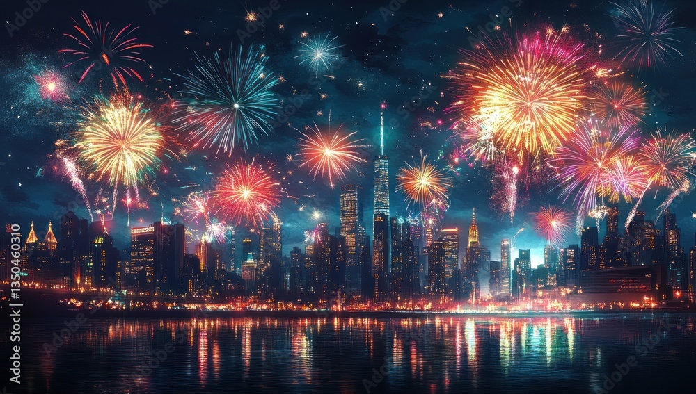 Fireworks display over NYC skyline at night Fireworks display over NYC skyline at night