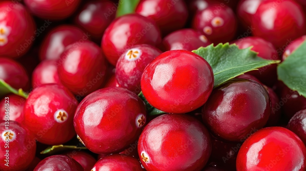 Close-up view of fresh, vibrant red cranberries. Clusters of juicy, plump berries with green leaves. Healthy, nutritious, and delicious Close-up view of fresh, vibrant red cranberries. Clusters of juicy, plump berries with green leaves. Healthy, nutritious, and delicious
