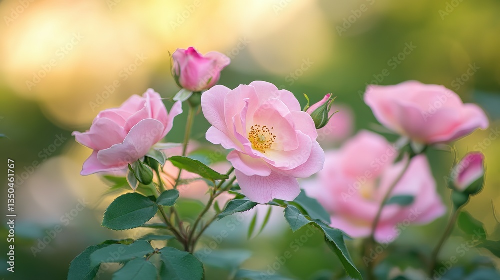 Several beautiful pink roses are blossoming in a sunny garden scene Several beautiful pink roses are blossoming in a sunny garden scene