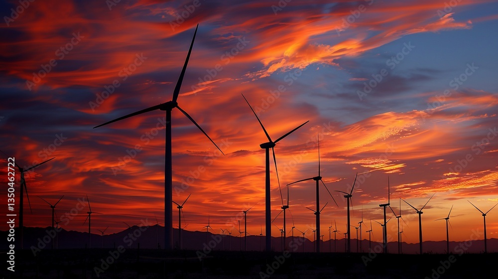 Obraz premium Desert wind farm sunset, fiery clouds, energy