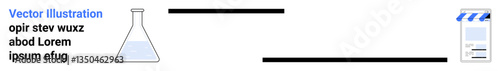 Laboratory flask filled with liquid connected by sleek black lines to a film ticket. Ideal for science communication, creative process, ideas flow, education, innovation, storytelling, and a simple