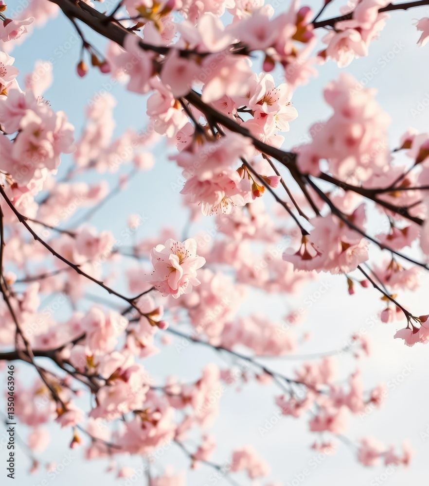 Delicate pink cherry blossoms frame a blooming tree against a soft spring sky, vibrant, plant Delicate pink cherry blossoms frame a blooming tree against a soft spring sky, vibrant, plant