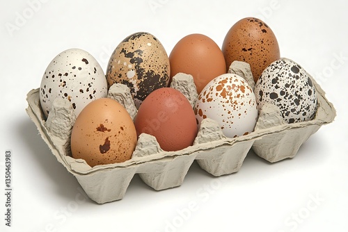 White background featuring various brown and speckled eggs neatly arranged in a cardboard carton.