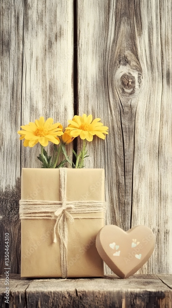 Fototapeta premium Rustic Wooden Background Gift Flowers Heart