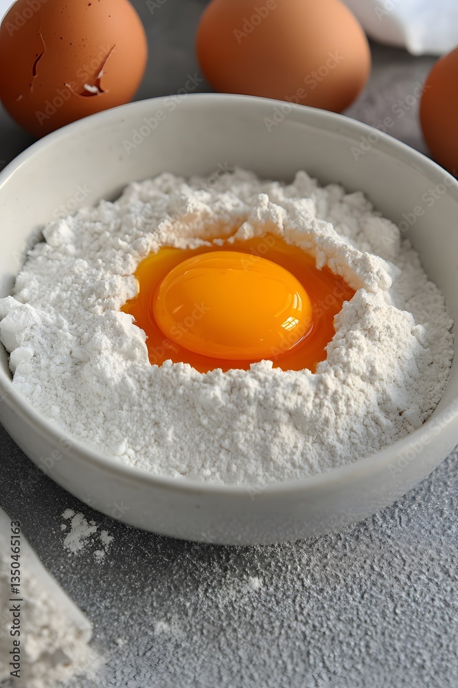 Egg Yolk in Flour Bowl Baking Ingredients Closeup Egg Yolk in Flour Bowl Baking Ingredients Closeup