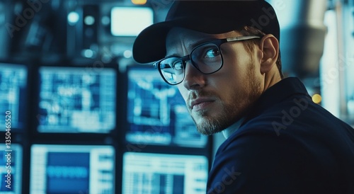 Focused Technician in Control Room with Data Screens photo