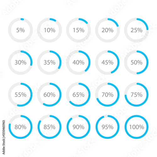 Set of blue color infographic pie charts, segment of circle icons 0% - 100%, simple flat design loading data interface elements app button ui ux web, vector isolated on white background