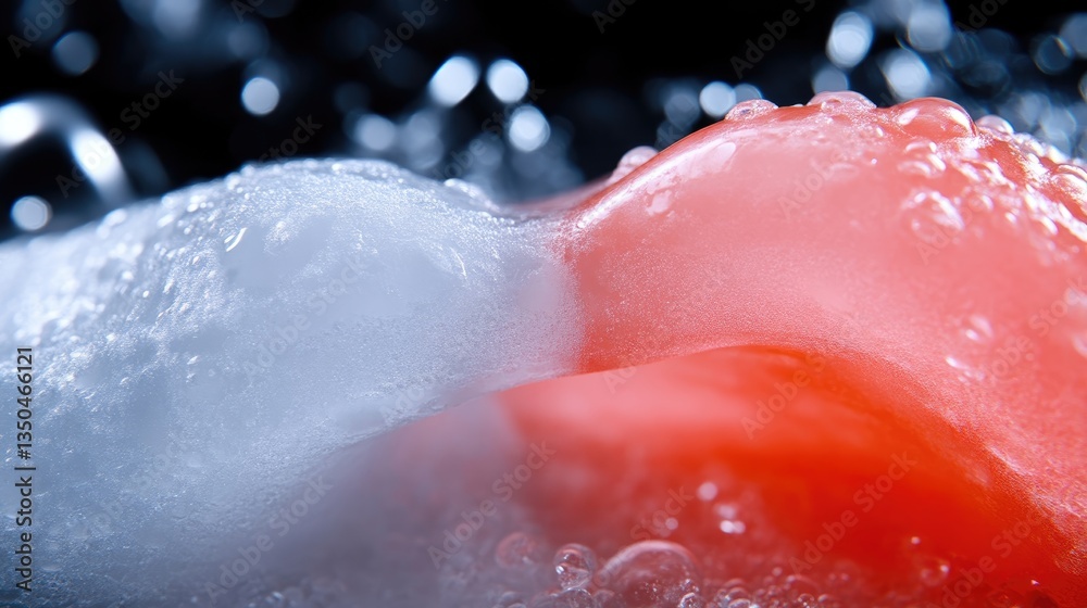Fototapeta premium Close-up of a red and white object submerged in water and soap suds