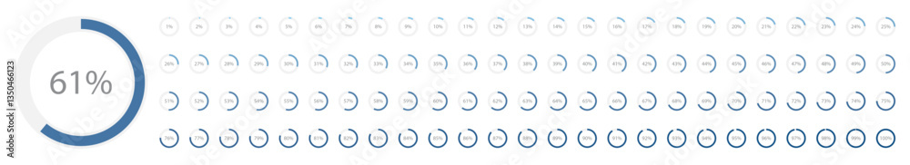 Set of blue gradient color infographic pie charts, segment of circle icons 0% - 100%, simple flat design loading data interface elements app button ui ux web, vector isolated on white background Set of blue gradient color infographic pie charts, segment of circle icons 0% - 100%, simple flat design loading data interface elements app button ui ux web, vector isolated on white background