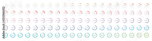 Set of colorful infographic percentage piecharts / segment of hole circle icons 0% - 100%, simple flat design loading data interface elements app button ui ux web, vector isolated on white background