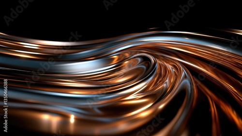 Dynamic abstract waves of flowing liquid metal with warm gold and cool silver reflections on a dark background.