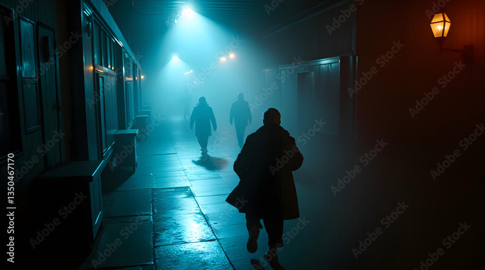Mysterious figures walking in a foggy, dimly lit street, creating a moody and atmospheric scene. Mysterious figures walking in a foggy, dimly lit street, creating a moody and atmospheric scene.