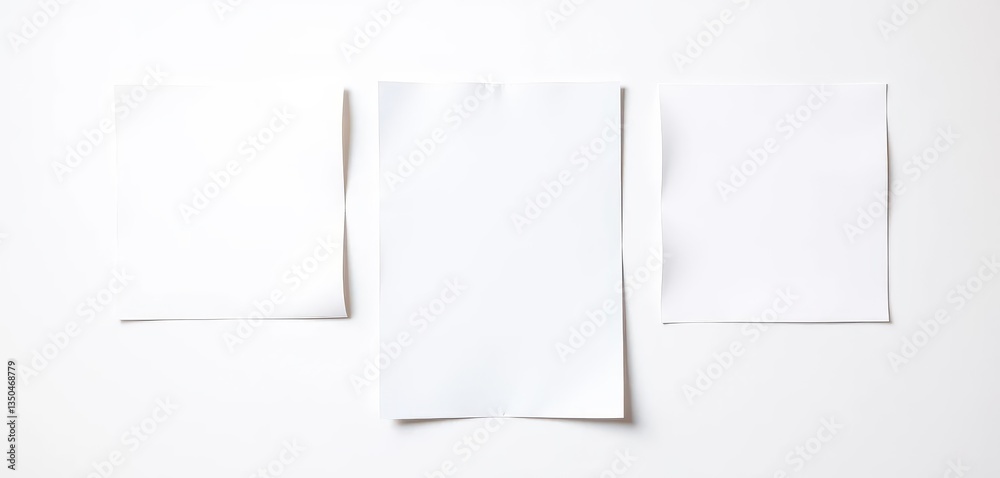 Three blank sheets of paper, various sizes and angles, on a neutral background, top view, craft Three blank sheets of paper, various sizes and angles, on a neutral background, top view, craft