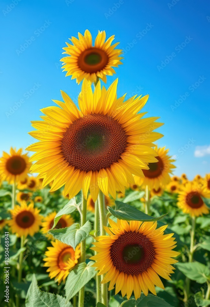 Obraz premium Vast field of sunflowers under a vibrant blue sky, texture, sunshine