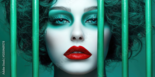 A brightly make-up beautiful young woman behind the bars of a prison cell. Prostitution, criminal activity.
