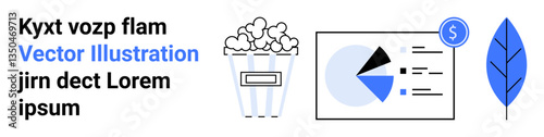 Free Download Popcorn bucket, analytics chart with pie and bar graphs, dollar icon, blue leaf. Ideal for business insight, finance, environment, entertainment, data visualization sustainability simple landing - GFXLoad