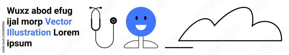 Fototapeta premium Blue happy face, stethoscope, minimal cloud, and placeholder text highlight concepts of health, positivity, simplicity, and communication. Ideal for healthcare, wellness education creativity