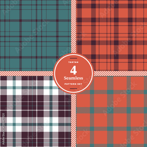 Modern Seamless Tartan featuring Midnight Charcoal and Cream Bisque Fabric Design Set of 4