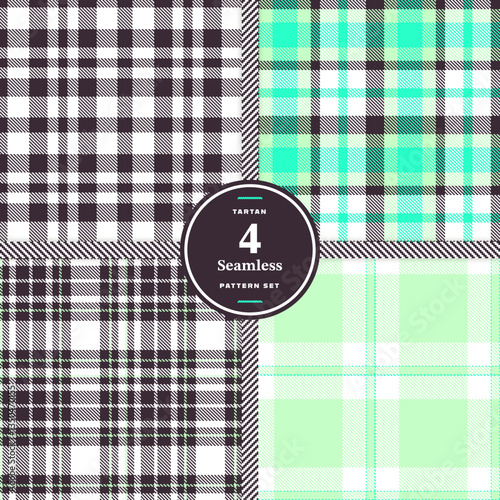 Modern Seamless Tartan featuring Smoky Charcoal and Cream Bisque Fabric Design Set of 4
