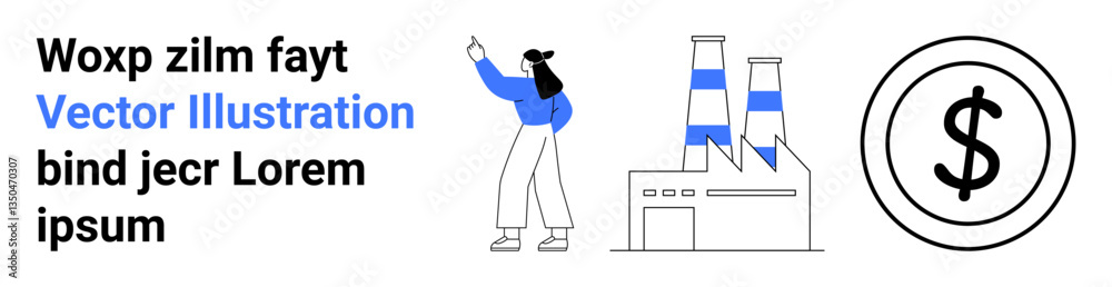 Woman pointing upwards near factory and dollar sign. Ideal for economy, industry, finance, investments, sustainability, industrial processes, business strategies, simple landing page