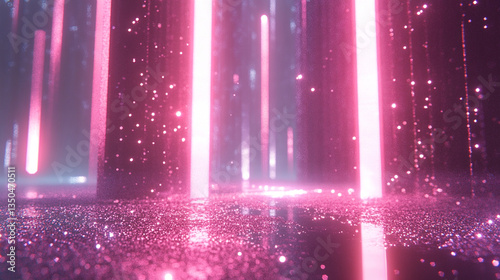 Ethereal glowing pillars of light in a shimmering, reflective landscape with a dreamy atmosphere